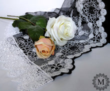 Load image into Gallery viewer, Black and White Re-embroidered Floral Lace Mantilla / Veil / Chapel Cap with White Floral Trim