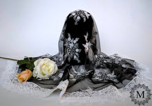 Load image into Gallery viewer, Black and White Re-embroidered Floral Lace Mantilla / Veil / Chapel Cap with White Floral Trim