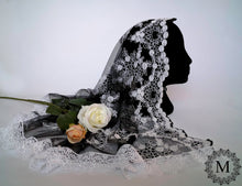 Load image into Gallery viewer, Black and White Re-embroidered Floral Lace Mantilla / Veil / Chapel Cap with White Floral Trim