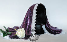 Load image into Gallery viewer, Purple Sequin Mantilla / Veil / Chapel Cap with White Heart Trim