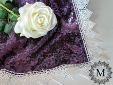 Load image into Gallery viewer, Purple Sequin Mantilla / Veil / Chapel Cap with White Heart Trim