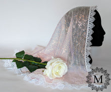 Load image into Gallery viewer, Light Pink Mantilla / Veil / Chapel Cap with Sequins and White Trim
