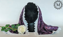 Load image into Gallery viewer, Purple Sequin Mantilla / Veil / Chapel Cap with White Heart Trim