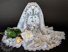 Load image into Gallery viewer, White Sequin Lace Mantilla / Veil with White Trim Edge and Cutout Front
