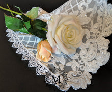 Load image into Gallery viewer, White Sequin Lace Mantilla / Veil with White Trim Edge and Cutout Front
