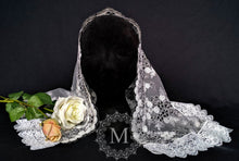 Load image into Gallery viewer, White and Black Re-embroidered Floral Lace Mantilla / Veil / Chapel Cap with White Floral Trim
