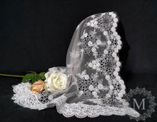 Load image into Gallery viewer, White and Black Re-embroidered Floral Lace Mantilla / Veil / Chapel Cap with White Floral Trim
