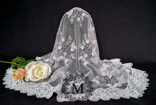 Load image into Gallery viewer, White and Black Re-embroidered Floral Lace Mantilla / Veil / Chapel Cap with White Floral Trim
