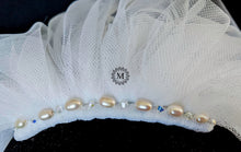 Load image into Gallery viewer, White Tulle First Communion / Wedding Veil / Mantilla with Pearl Beaded Comb and Swarovski Crystal Embellished Edge
