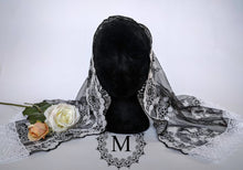 Load image into Gallery viewer, Black and White Re-embroidered Floral Lace Mantilla / Veil / Chapel Cap with White Floral Trim
