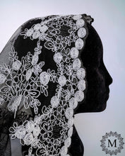 Load image into Gallery viewer, Black and White Re-embroidered Floral Lace Mantilla / Veil / Chapel Cap with White Floral Trim
