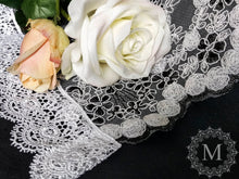 Load image into Gallery viewer, White and Black Re-embroidered Floral Lace Mantilla / Veil / Chapel Cap with White Floral Trim
