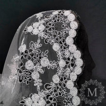 Load image into Gallery viewer, White and Black Re-embroidered Floral Lace Mantilla / Veil / Chapel Cap with White Floral Trim
