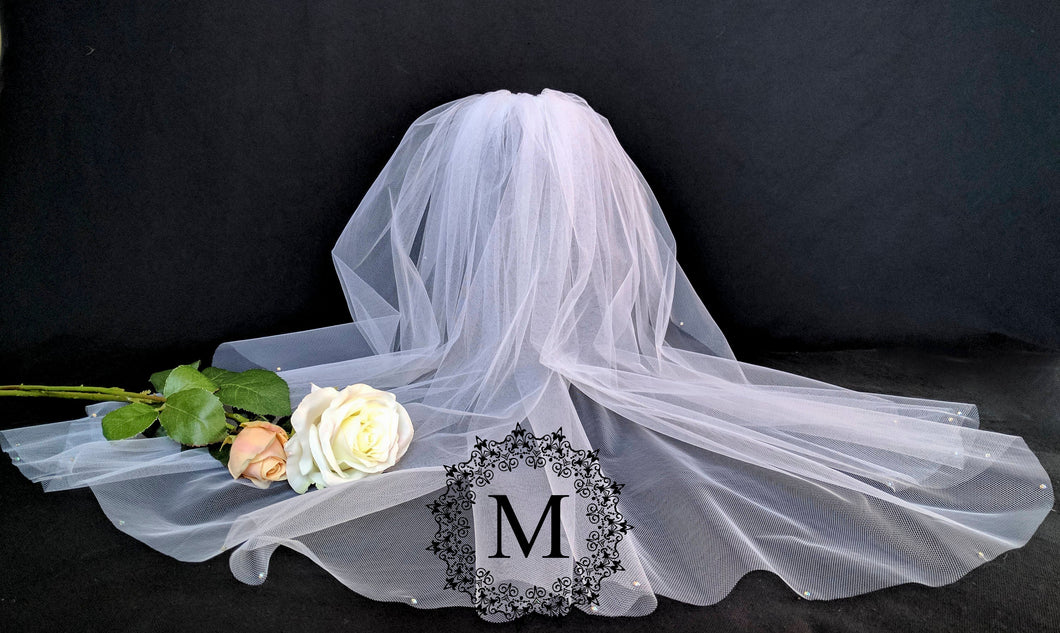 White Tulle First Communion / Wedding Veil / Mantilla with Pearl Beaded Comb and Swarovski Crystal Embellished Edge