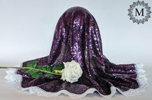 Load image into Gallery viewer, Purple Sequin Mantilla / Veil / Chapel Cap with White Heart Trim
