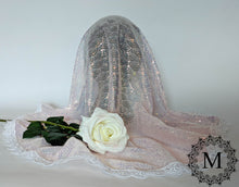 Load image into Gallery viewer, Light Pink Mantilla / Veil / Chapel Cap with Sequins and White Trim
