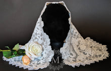 Load image into Gallery viewer, White Sequin Lace Mantilla / Veil with White Trim Edge and Cutout Front
