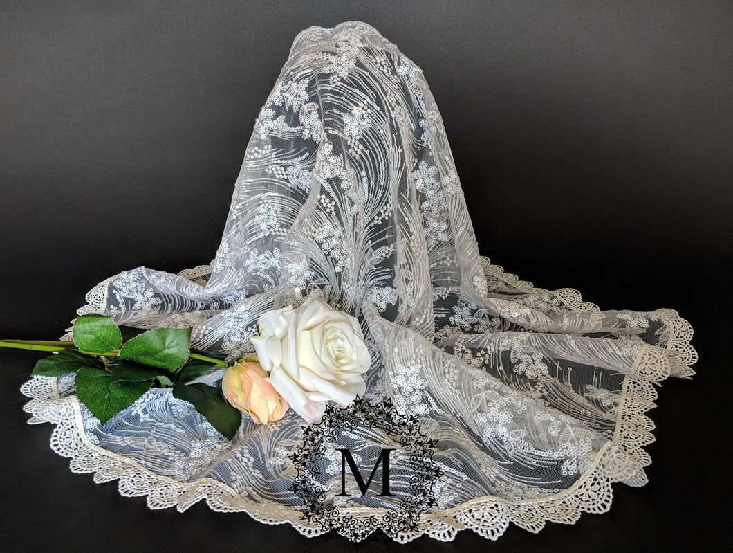 Ivory Sequin Lace Mantilla / Veil with Ivory Trim