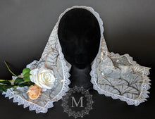 Load image into Gallery viewer, White with Silver Sequin Mantilla / Veil with White Trim
