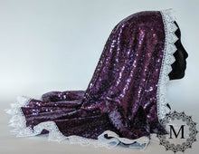 Load image into Gallery viewer, Purple Sequin Mantilla / Veil / Chapel Cap with White Heart Trim
