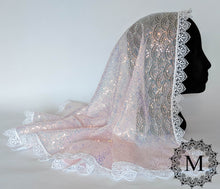 Load image into Gallery viewer, Light Pink Mantilla / Veil / Chapel Cap with Sequins and White Trim
