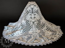 Load image into Gallery viewer, White Sequin Lace Mantilla / Veil with White Trim Edge and Cutout Front
