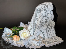 Load image into Gallery viewer, White Sequin Lace Mantilla / Veil with White Trim Edge and Cutout Front
