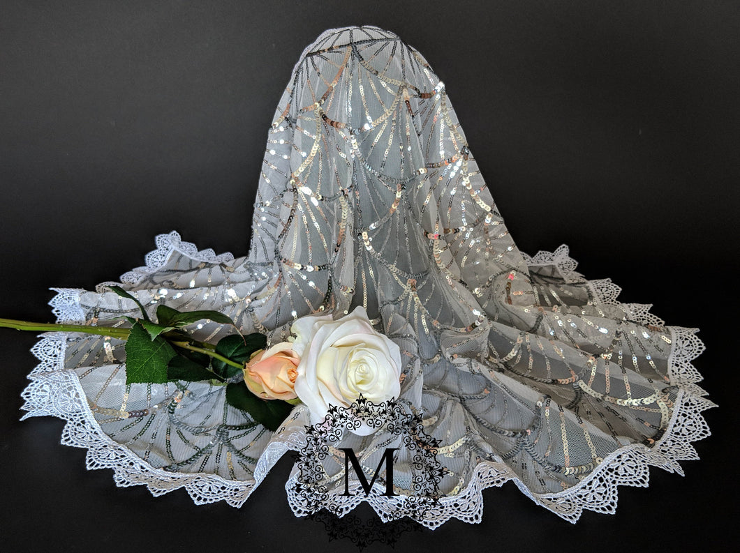 White with Silver Sequin Mantilla / Veil with White Trim